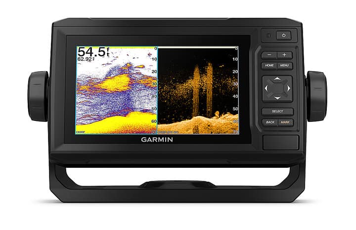 fish finder screen displaying 2D sonar and down imaging. 