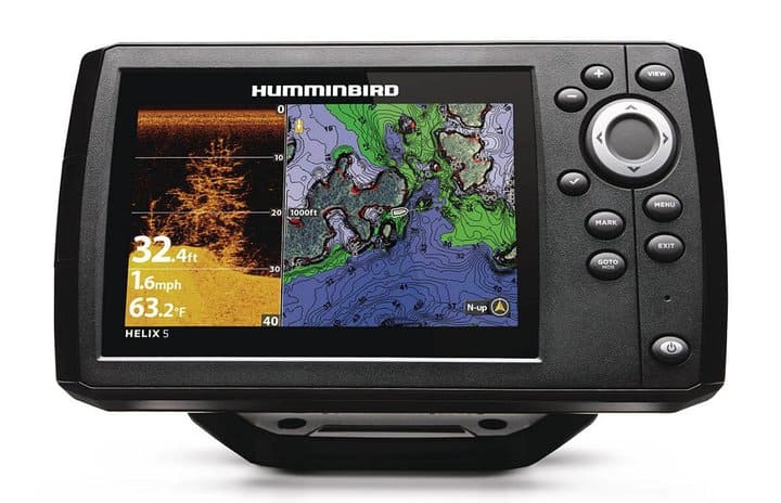 humminbird helix 5 CHIRP GPS fish finder. Split screen displaying down imaging and maps